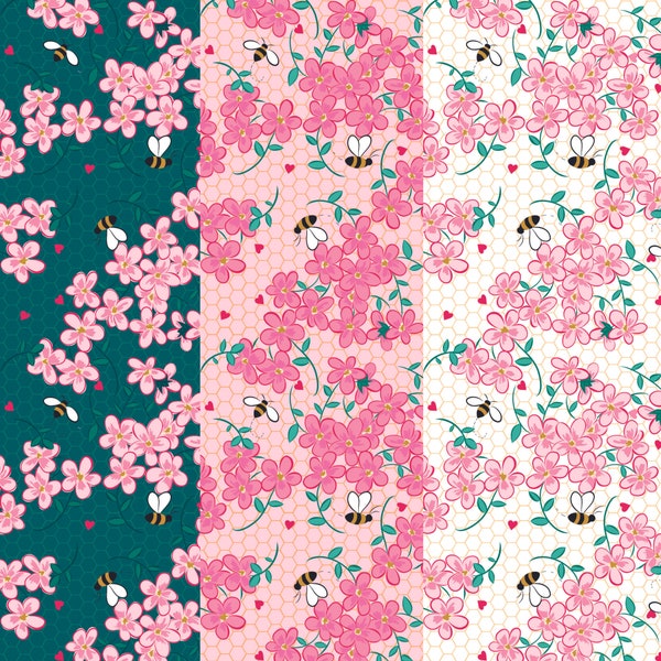 Valentine Floral Bee Fabric, Floral Sparkle in Teal, Blush or White with Gold Metallic Accents Riley Blake Quilting Cotton Fabric