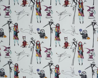 Nightmare Before Christmas Characters on White Disney Licensed Novelty Cotton Fabric, Sally, Jack Skellington, Zero, Lock, Shock and Barrel