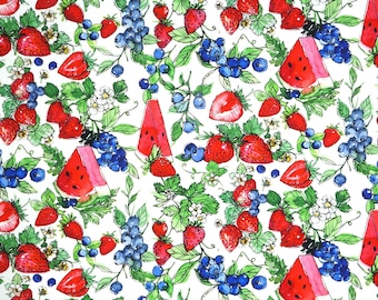 Strawberry and Blueberry Fabric, Berry Blossoms on White by Camelot Quilting Cotton Fabric, Summertime Fabric, Berry Fabric, 66230202-01