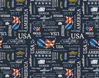 Patriotic Words Fabric, Letters from Home Text on Navy by Riley Blake Quilting Cotton Fabric, Quilt of Valor Fabric, C15611-NAVY