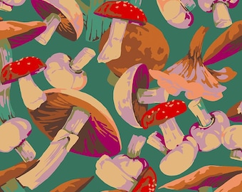 Mushroom Fabric, Mushroom Medley on Green Forage by Martha Negley for Free Spirit Quilting Cotton Fabric PWMN067.GREEN Large Print