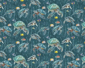 Turtle Fabric, Sea Turtle Swim on Dark Teal by Skyline Studio for Benartex Traditions Quilting Cotton Fabric, 16530-85B