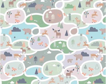 Woodland Animal Flannel Fabric, Cozy Forest Scenic Cozy Forest by Kanvas Studio for Benartex Comfort Flannel Fabric, Nursery Flannel