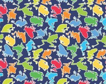 Frog Fabric, Rainbow Camo Frogs Glow on Blue by Kanvas Studio for Benartex Quilting Cotton, Frog Outline Fabric, 14898G-99