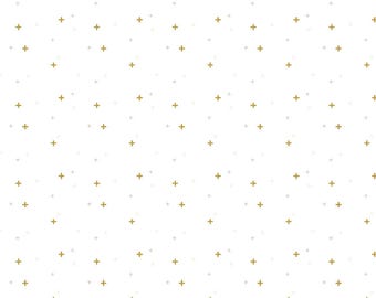 White Blender Fabric, Sparkler on White Riley Blake Quilting Cotton Fabric, Gold Metallic Plus Signs, SC650-White