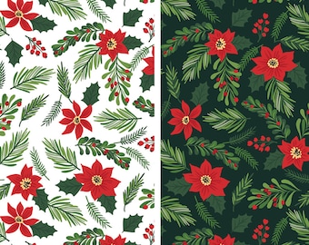 Poinsettia Fabric, Poinsettia Main on White or Dark Green The Magic Of Christmas by Lori Whitlock Riley Blake Quilting Cotton Fabric