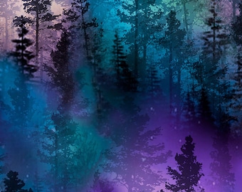 Northern Lights Fabric, Aurora Trees by Timeless Treasures Quilting Cotton Fabric, Aurora Borealis Fabric, Winter Trees Fabric C8457-PURPLE