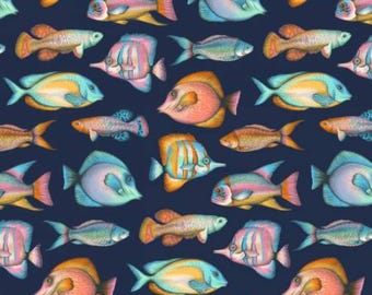 Tropical Fish Fabric, Off the Hook on Moonlight Navy Blue by Dear Stella Quilting Cotton Fabric, Colorful Fish Fabric, ST-D2900-MOONLIGHT