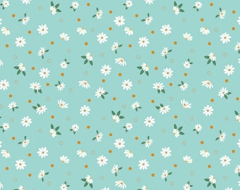 Floral Daisy Fabric, Daisy Fields Floral Scuba Gold Metallic Accents Riley Blake Quilting Cotton Fabric, Blue Daisy Fabric SC12482-SCUBA