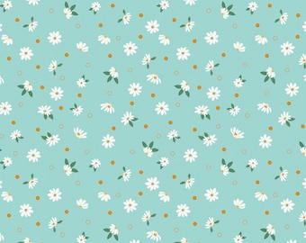 Floral Daisy Fabric, Daisy Fields Floral Scuba Gold Metallic Accents Riley Blake Quilting Cotton Fabric, Blue Daisy Fabric SC12482-SCUBA