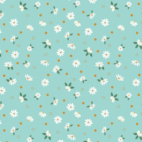 Floral Daisy Fabric, Daisy Fields Floral Scuba Gold Metallic Accents Riley Blake Quilting Cotton Fabric, Blue Daisy Fabric SC12482-SCUBA