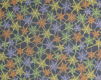 Spiderweb Fabric, Multi Colored Spider Webs on Black Halloween Novelty Cotton Fabric, Orange, Purple, Yellow and Green