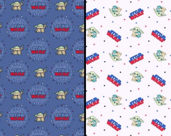 Patriotic Star Wars Fabric, 4th of July Baby Yoda Fabric by Camelot Licensed Cotton Fabric, Patriotic Character Fabric, Mandalorian Fabric