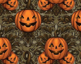 Pumpkin Fabric, Pumpkin Damask on Olive Mystic Moonlight by Rachel Hauer for FreeSpirit Quilting Cotton Fabric, PWRH089.PURPLE