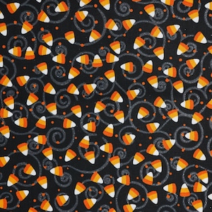 Mini Candy Corn with Glitter Swirls on Black Halloween Novelty Cotton Fabric