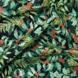 Holly Fabric, Holly and Berries on Black with Gold Metallic Accents Christmas Musical by Benartex Quilting Cotton Fabric 14028M-07B 画像 5