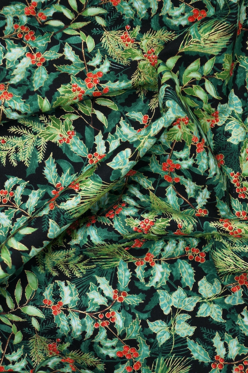 Holly Fabric, Holly and Berries on Black with Gold Metallic Accents Christmas Musical by Benartex Quilting Cotton Fabric 14028M-07B 画像 5