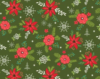 Poinsettia Fabric, Christmas Floral Fabric, Winter Wonder Main Dark Green Riley Blake Quilting Cotton Fabric