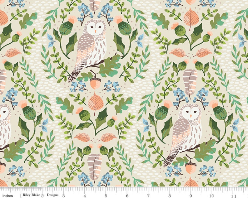 K&ouml;nnte beinhalten: Ein beigefarbener Stoff mit einem sich wiederholenden Muster aus Eulen, Bl&auml;ttern, Eicheln und Blumen. Die Eulen sind wei&szlig; mit braunen und grauen Markierungen. Die Bl&auml;tter sind gr&uuml;n, braun und orange. Die Eicheln sind braun. Die Blumen sind blau und rosa.