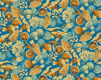 Mushroom Fabric, Mushroom Mix on Blue Forage by Martha Negley for Free Spirit Quilting Cotton Fabric PWMN076.BLUE