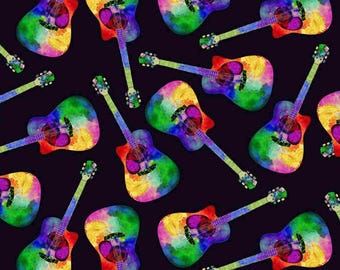 Rainbow Guitar Fabric, Tossed Painted Guitars by Timeless Treasures Quilting Cotton Fabric, Musical Instrument Fabric