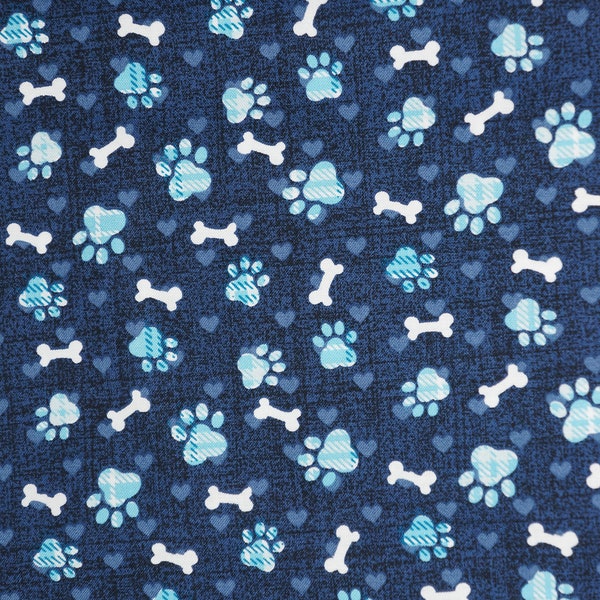 Blue Paw Prints Hearts and Bones Cotton Novelty Fabric
