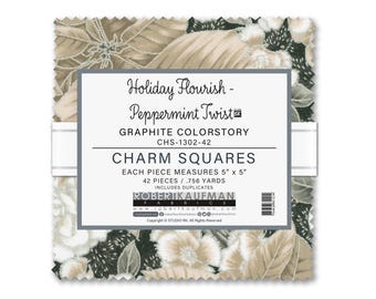 5 Inch Christmas Charm Pack Graphite Colorstory Peppermint Twist Robert Kaufman 42 piece Quilting Cotton Fabric, Silver Metallic CHS-1301-42