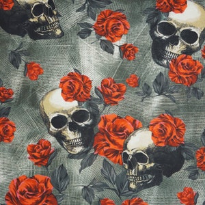 Skulls And Roses Fabric, Tossed Skulls and Red Roses Novelty Cotton Fabric image 7