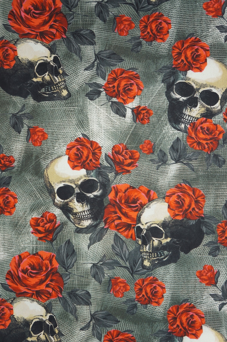 Skulls And Roses Fabric, Tossed Skulls and Red Roses Novelty Cotton Fabric image 7