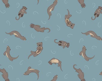 Otter Fabric, Otters on Mid Blue Small Things Lewis and Irene Quilting Cotton Fabric SM78.3