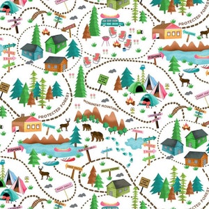 Camping Fabric, Camping Scenic by Gail Cadden for Timeless Treasures Quilting Cotton Fabric, Camping and Cabin Map, Hiking Trail Fabric
