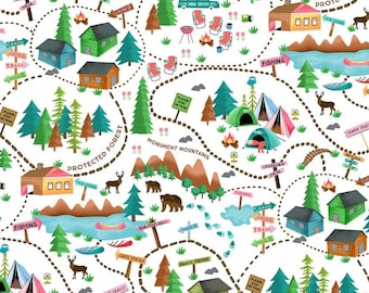 Camping Fabric, Camping Scenic by Gail Cadden for Timeless Treasures Quilting Cotton Fabric, Camping and Cabin Map, Hiking Trail Fabric