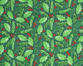 Holly Fabric, Holiday Holly on Green by 3 Wishes Novelty Cotton Fabric 15493-GRN