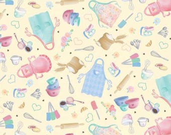 Cooking Fabric, Time to Bake on Yellow Gnomebody Bakes it Better by Andi Metz for Kanvas Studio Benartex Quilting Cotton Fabric, 12835B-33