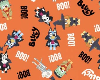 Bluey Halloween Fabric, Bluey and Friends Boo on Orange Licensed by Ludo Studios for Springs Creative Novelty Cotton Fabric