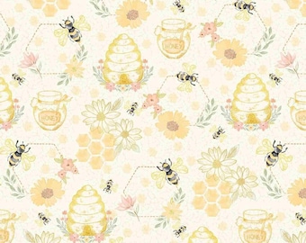 Bee Fabric, Quilting Bees on Cream from the Home Sweet Home Collection by Timeless Treasures Quilting Cotton Fabric, Watercolor Floral Bees