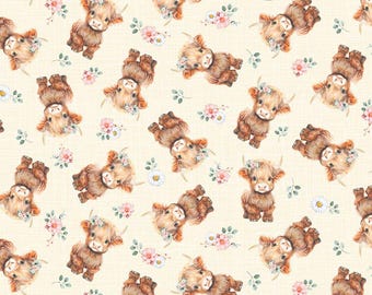 Highland Cow Fabric, Tossed Highland Cow and Floral on Light Yellow by Timeless Treasures Quilting Cotton Fabric, FARM-CD4041