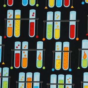 Rainbow Chemistry Test Tubes on Black by Robert Kaufman Quilt Cotton Fabric