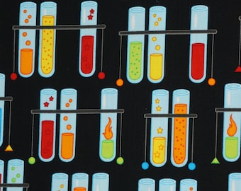 Rainbow Chemistry Test Tubes on Black by Robert Kaufman Quilt Cotton Fabric