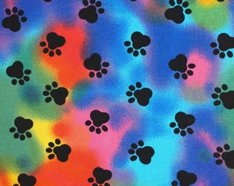 Tie Dye Black Paw Prints Cotton Fabric Novelty Fabric