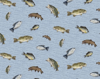 Fish Fabric, Fish Toss on Sky Blue Wake by the Lake Quilting Cotton by Riley Blake Quilting Cotton Fabric, Lake Life Fabric, C14891-SKY