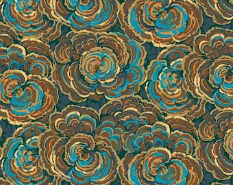 Mushroom Fabric, Turkey Tail Mushroom on Dark Blue Forage by Martha Negley for Free Spirit Quilting Cotton Fabric PWMN078.DARKBLUE