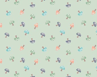 Mushroom Flannel Fabric, Forest Mushrooms Tossed on Sage Cozy Forest by Kanvas Studio for Benartex Comfort Flannel Fabric, Nursery Flannel