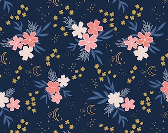 Floral Moon Fabric, Moonchild Main Midnight Sparkle on Navy by Fran Gulick for Riley Blake Quilting Cotton Fabric, Celestial Floral Fabric