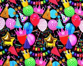 Happy Birthday Fabric, Party Time on Black Novelty Cotton Fabric, Birthday Balloon Fabric, Party Hat Fabric, Birthday Backdrop