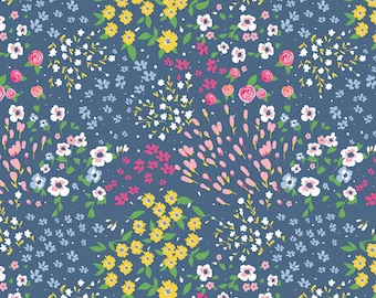 Poppy and Posey Garden on Navy by Riley Blake Quilting Cotton Fabric C10581, Wildflower blender fabric, Blue Floral Fabric