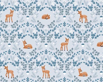Deer Fabric, Wild Fawns Twilight Creatures on Ice Blue by Natàlia Juan Abelló for Riley Blake Quilting Cotton Fabric, C15361-ICE