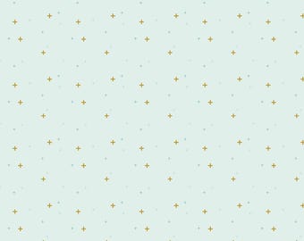 Light Blue Green Blender Fabric, Sparkler on Bleached Denim Riley Blake Quilting Cotton Fabric, Gold Metallic Plus Signs, SC650-BLEACHED