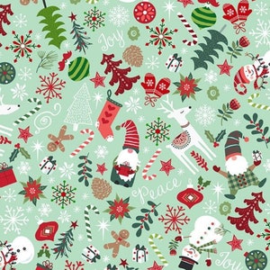 Mini Tossed Christmas Gnomes Fabric, Holiday Snowmen Fun Gnomes by Hi Fashion Fabrics Quilting Cotton Fabric Mint Christmas Fabric