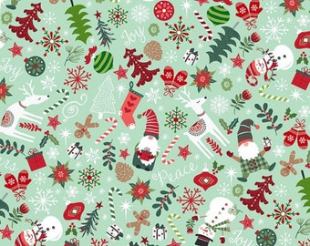 Mini Tossed Christmas Gnomes Fabric, Holiday Snowmen Fun Gnomes by Hi Fashion Fabrics Quilting Cotton Fabric Mint Christmas Fabric